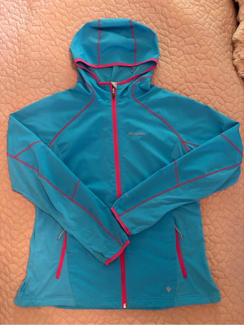 Columbia Women's Teal Hooded Softshell Jacket with Pink Trim